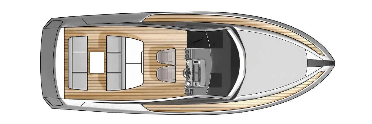 Top view of a stylish motorboat featuring a sun deck, seating area, and a steering console, set on polished wood flooring.